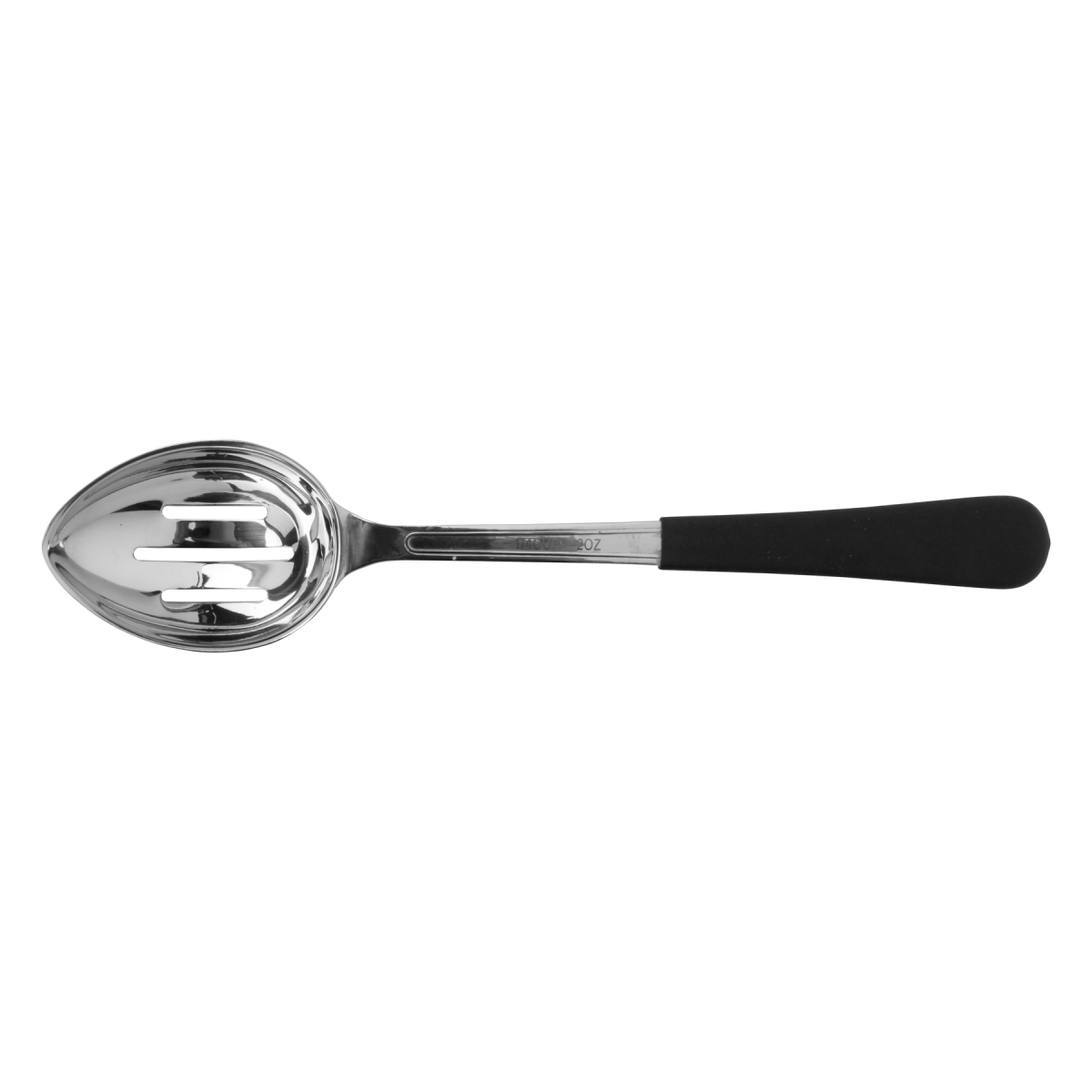 Picture of Winco BSRIM-34 11.75 in. Portion Control Slotted Bowl Spoon with Textured Black Plastic Dipped Handle - 2 oz, 96 at Per Master, 6 at Per Inner - Each 12