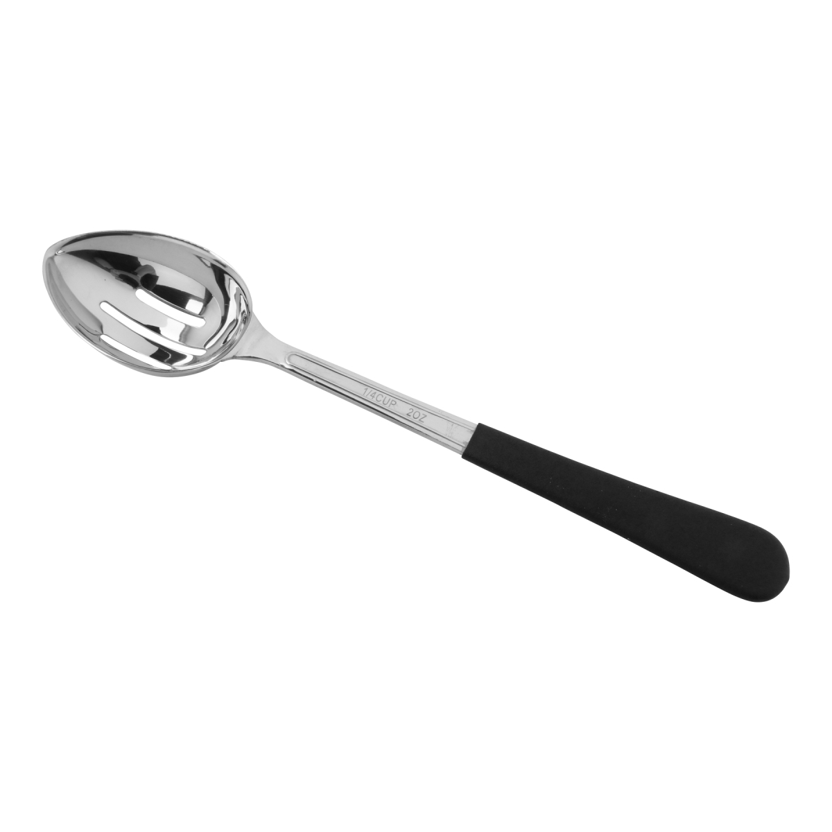 Picture of Winco BSRIM-34 11.75 in. Portion Control Slotted Bowl Spoon with Textured Black Plastic Dipped Handle - 2 oz, 96 at Per Master, 6 at Per Inner - Each 12