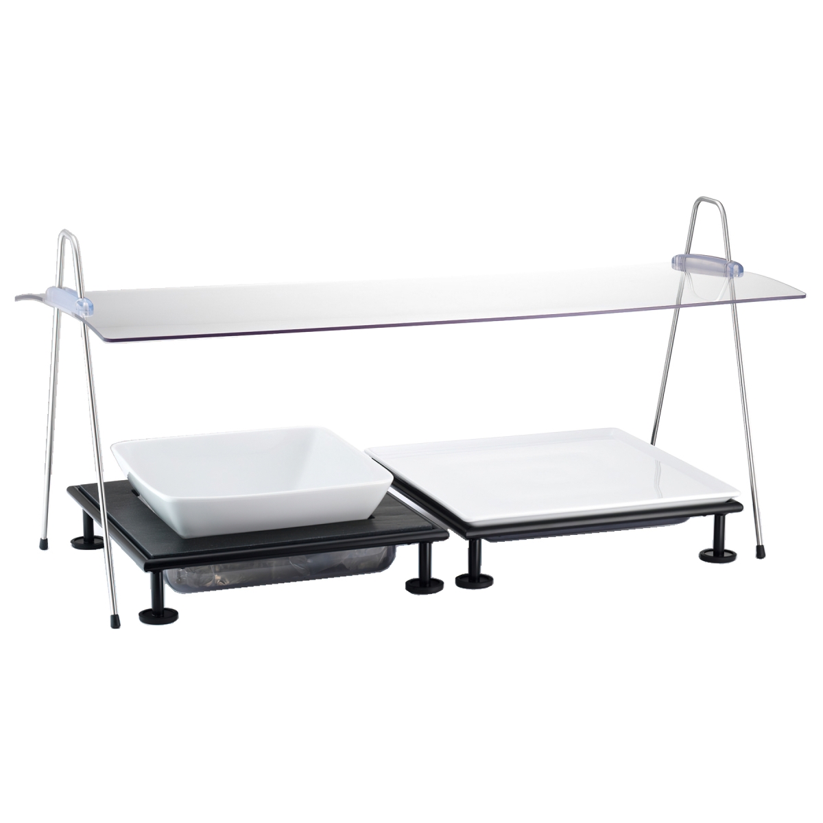 Picture of Winco 3089083 Acrylic Rectangular Sneeze Guard, Portable & Adjustable Incline for A 29 in. Display - Includes Wire Legs - 29.5 x 16.5 in., 15.4 in. Tall - Frilich EB703E Guard - Clear & Silver