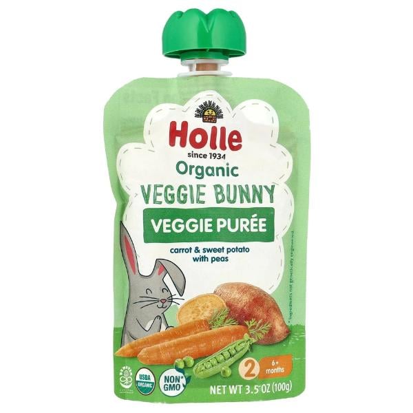 3.5 oz Organic Veggie Puree - Veggie Bunny, 6 Months - Carrot & Sweet Potato with Peas - Pack of 2