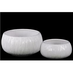 Bm133067 Round Flower Pot With Ribbed Side Set Of Two - White