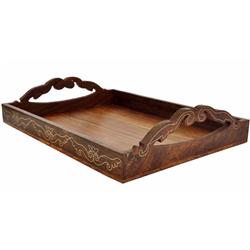 15 X 11 In. Wooden Antique Look Tray With Handles, Brass Inlay, Brown