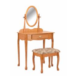 Vanity Table & Stool Set With Oval Mirror, Oak Brown