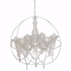 Bm154190 Round Cage Styled Metal Chandelier With Crystal Hangings, White & Clear
