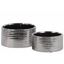 Bm179171 Ceramic Round Pot With Combed Accents, Silver - 5 X 9.5 X 9.5 In. - Set Of 2