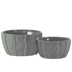 Bm179296 Decorative Ceramic Bowl With Embedded Wave Design, Glossy Gray - Set Of 2 - 4.25 X 8 X 8 In.