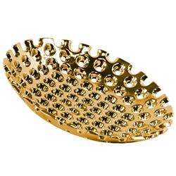 Bm180512 Perforated Patterned Round Concave Tray In Ceramic, Large - Chrome Gold - 2.5 X 14.5 X 14.5 In.
