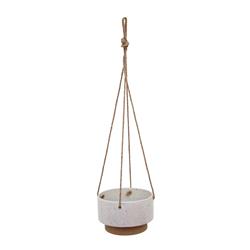 Bm189416 Ceramic Speckled Texture Planter With Attached Hanging Rope, White & Brown - 5 X 8.5 X 8.5 In.