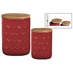 Bm180684 Honeycomb Pattern Ceramic Cylinder Canister With Bamboo Lid, Set Of 2 - Red - 6.75 X 5.25 X 5.25 In.