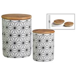 Bm180688 Geometric Patterned Canister With Bamboo Lid, Set Of 2 - White - 6.75 X 5.25 X 5.25 In.