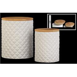 Bm180696 Cylindrical Ceramic Canister With Lattice Diamond Design, Set Of 2 - White - 6.75 X 5.25 X 5.25 In.