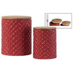 Bm180698 Cylindrical Ceramic Canister With Lattice Diamond Design, Set Of 2 - Red - 6.75 X 5.25 X 5.25 In.