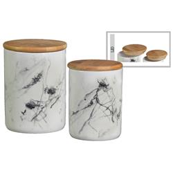 Bm180700 Ceramic Cylindrical Canister With Bamboo Lid, Set Of 2 - Marbleized White - 6.5 X 4.5 X 4.5 In.