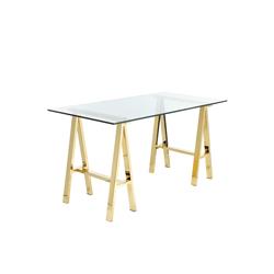Bm191635 Glass Writing Desk With Metal Sawhorse Style Legs - Gold & Clear - 30 X 55 X 30 In.