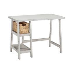 Bm190073 Rectangular Distressed Wooden Desk With Two Display Shelves & Trestle Base - White - Small - 23.88 X 42 X 30 In.