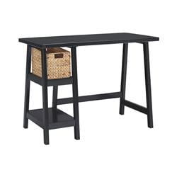 Bm190074 Rectangular Distressed Wooden Desk With Two Display Shelves & Trestle Base - Black - Small - 23.88 X 42 X 30 In.