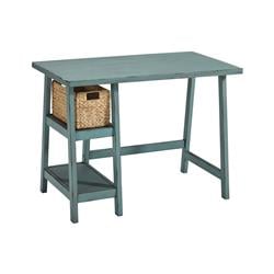 Bm190075 Rectangular Distressed Wooden Desk With Two Display Shelves & Trestle Base - Teal Blue - Small - 23.88 X 42 X 29.88 In.