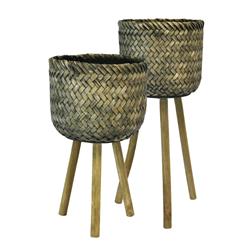 Bm190271 Basket Shape Bamboo Planters On Flared Wooden Stand - Rustic Brown - Set Of 2