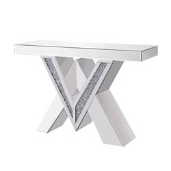 Bm195964 Wood & Mirror Console Table With Interlocking V Shape Base, Clear