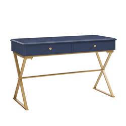 Bm144189 Wood & Metal Rectangular Campaign Desk With 2 Drawer, Blue & Gold - 28.89 X 46.99 X 19.65 In.