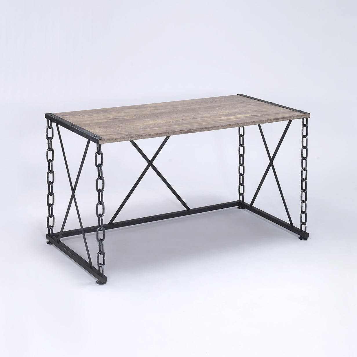 Bm177717 Wooden Desk With Metal X Frame, Rustic Oak Brown - 28 X 23.75 X 47.5 In.