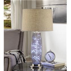 Bm194213 Contemporary Metal Table Lamp With Linen Drum Shade & Led Glass Panels, Silver & Beige - 28 X 15 X 15 In.