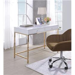 Bm194312 Two Drawers Wooden Desk With Tubular Metal Base, White & Gold - 30.5 X 20 X 47 In.