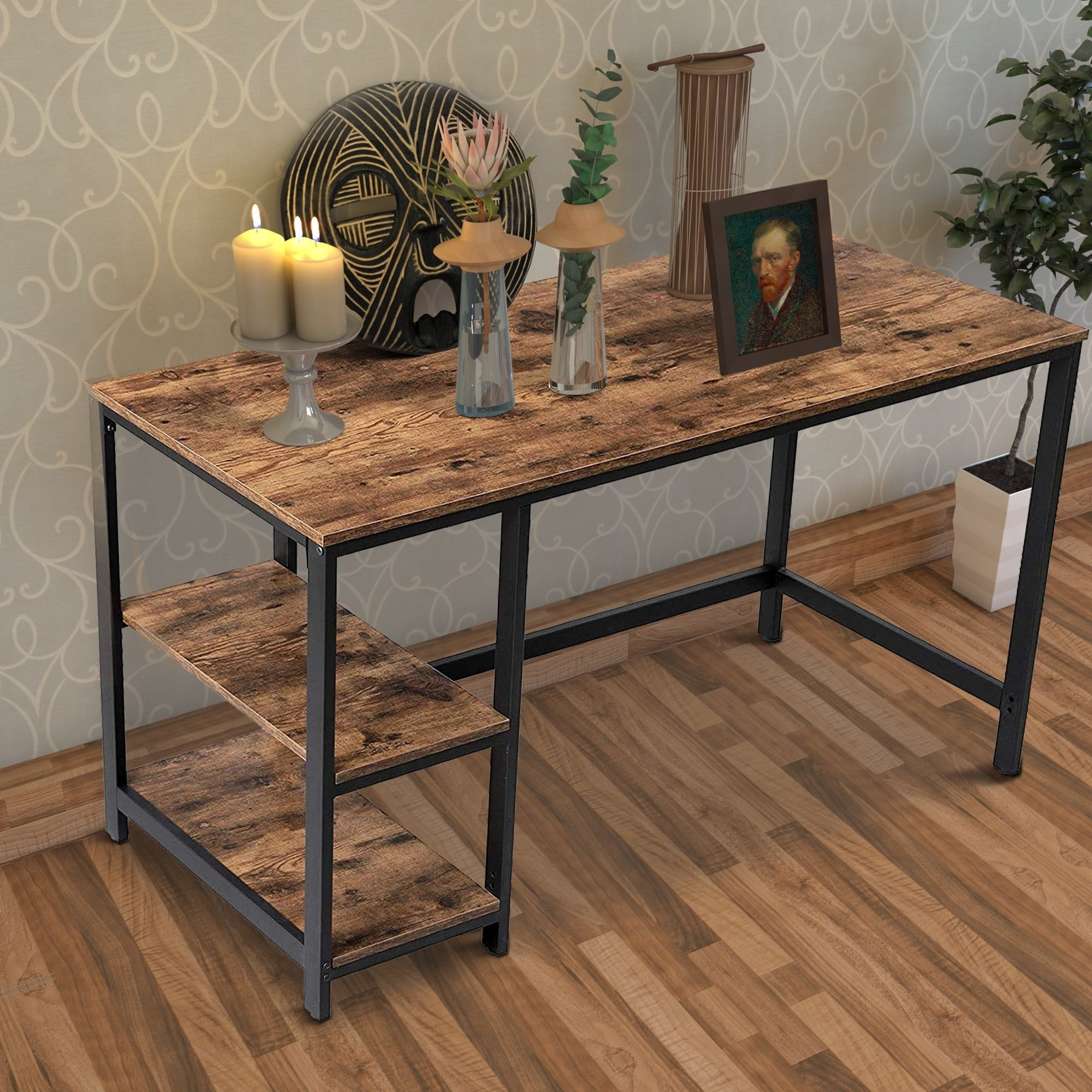 Bm197490 Industrial 55 In. Wood & Metal Desk With 2 Shelves, Black & Brown - 29.5 X 23.6 X 55.1 In.