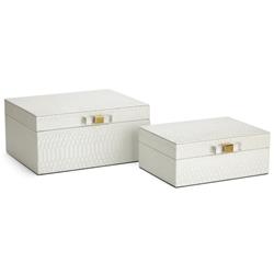 Bm196536 Wooden Jewellery Boxes Covered In Snakeskin Textured Faux Leather, White - Set Of 2