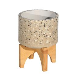 Bm205171 Mosaic Round Cement Planter On Wooden Stand, Beige & Brown - Small