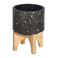 Bm205174 Mosaic Round Cement Planter On Wooden Stand, Black & Brown - Small
