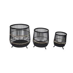 Bm205187 Drum Shaped Open Cage Bamboo Planter With Angled Legs, Black - Set Of 3