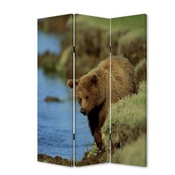 Bm26506 3 Panel Foldable Wooden Screen With Bear Print, Blue & Brown