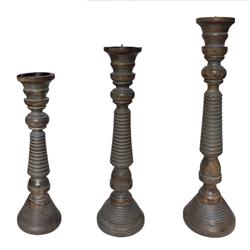 Bm00079 Handmade Wooden Candle Holder With Ribbed Pattern, Brown & Gray - Set Of 3
