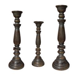 Bm00080 Handmade Pillar Shape Wooden Candle Holder With Flared Top, Brown & Gray - Set Of 3