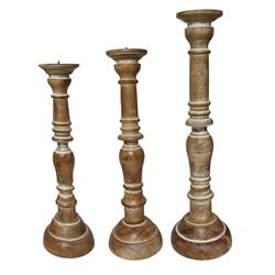 Bm00082 Handcrafted Distressed Wooden Candle Holder With Pedestal Body, Brown - Set Of 3