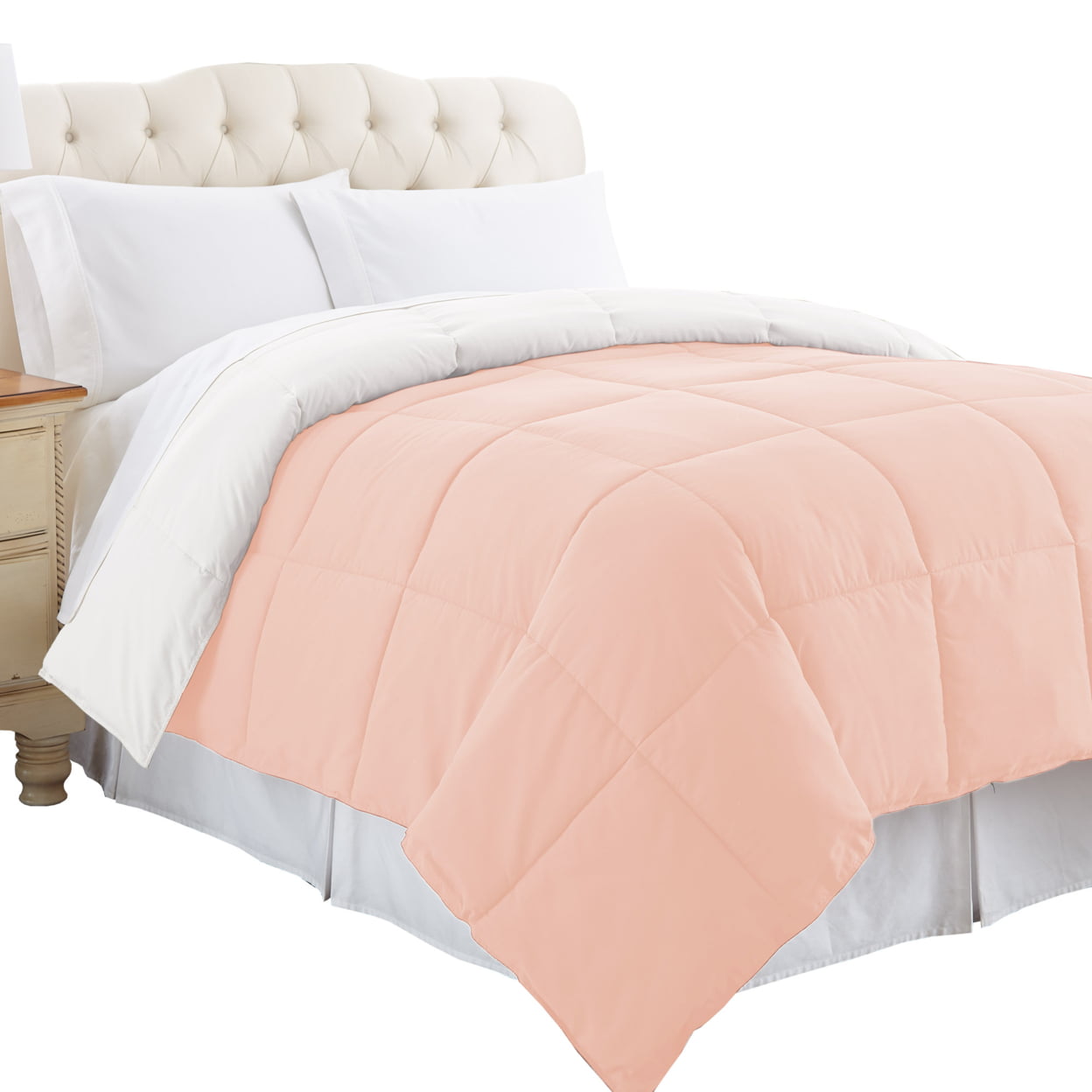 Bm202040 Genoa Twin Size Box Quilted Reversible Comforter, White & Pink