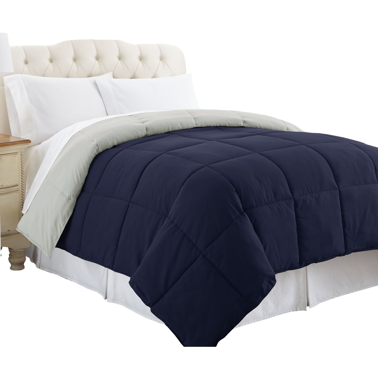 Bm46028 Genoa Reversible Queen Size Comforter With Box Quilting, Silver & Blue