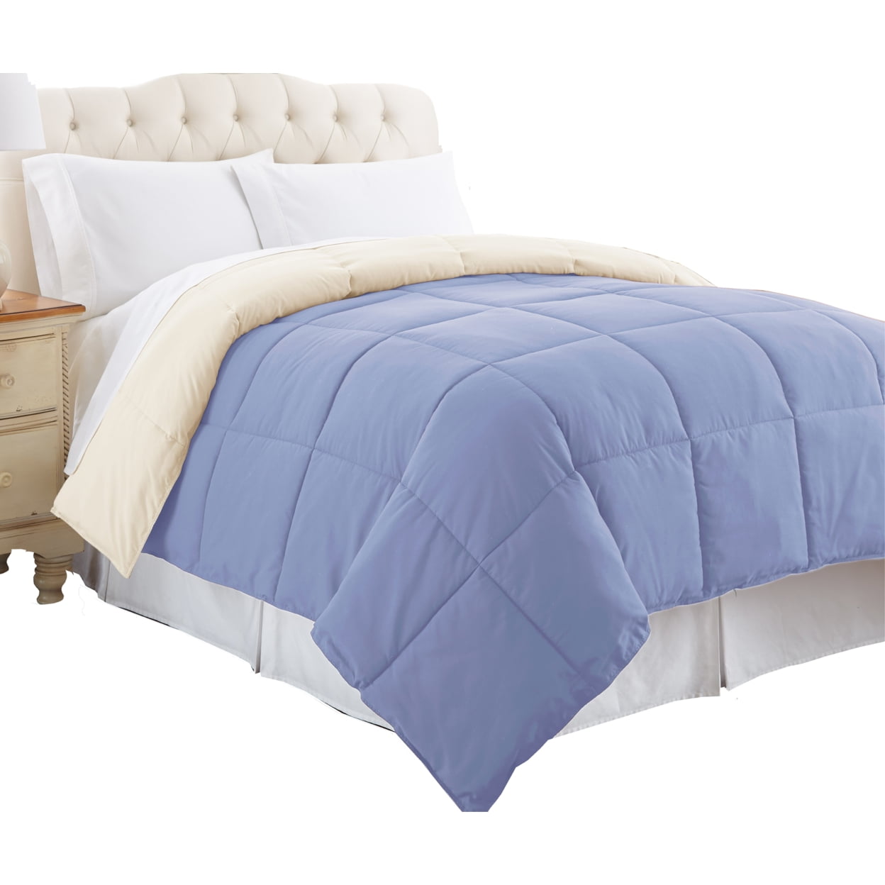 Bm202046 Genoa Queen Size Box Quilted Reversible Comforter, Blue & Cream