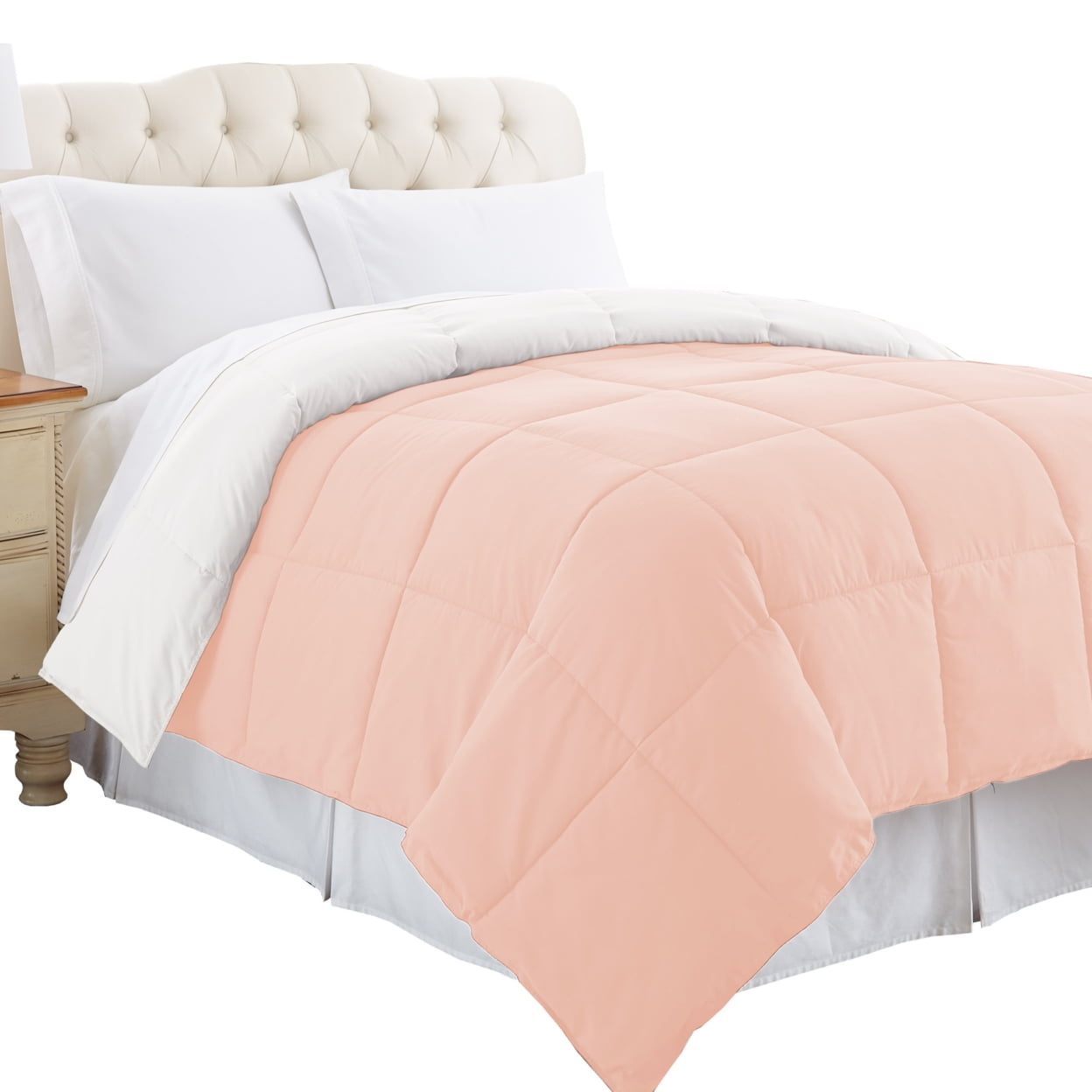 Bm202047 Genoa Queen Size Box Quilted Reversible Comforter, White & Pink