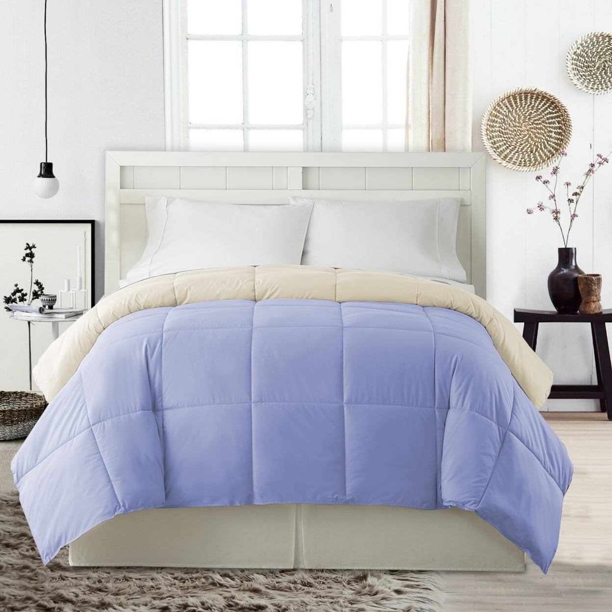 Bm202053 Genoa King Size Box Quilted Reversible Comforter, Blue & Cream
