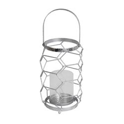 Bm203666 Geometric Metal Wire Candle Holder With Glass Hurricane, Silver - Small