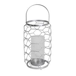 Bm203667 Geometric Metal Wire Candle Holder With Glass Hurricane, Silver - Large