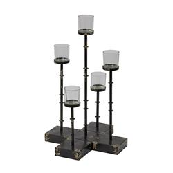 Bm24166 Metal Candle Holder With 5 Glass Hurricane On Cross Base, Black