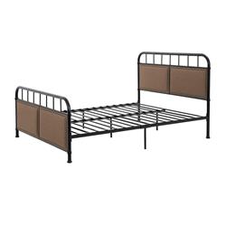 Bm205637 Metal Queen Size Bed Frame With Fabric Upholstered Headboard, Beige & Black