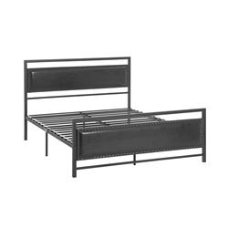 Bm205638 Metal Queen Size Bed Frame With Faux Leather Upholstered Headboard, Black