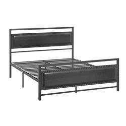 Bm205639 Metal Full Size Bed Frame With Faux Leather Upholstered Headboard, Black