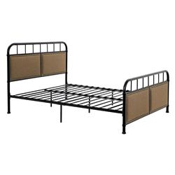 Bm205640 Metal Full Size Bed Frame With Fabric Upholstered Headboard, Beige & Black
