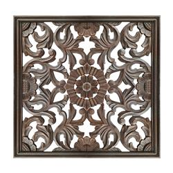 Upt-200179 Square Shape Wooden Wall Panel With Filigree Carvings, Burnt Brown