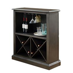 Bm204008 Wooden Bar Table With X Shaped Wine Holders & Wide Shelf, Gray